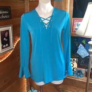 $85 Michael Kors turquoise top blouse shirt bell sleeve V neck tie NWT